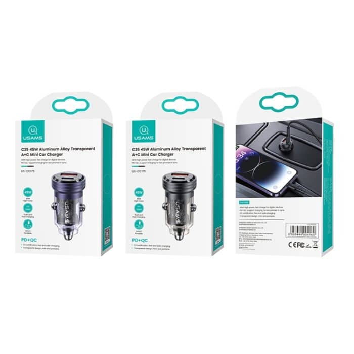 USAMS US-CC175 C35 45 W Aluminiumlegierung, transparent, Dual-USB-Anschluss, Mini-Autoladegerät, CC175 C35 – Bild 8