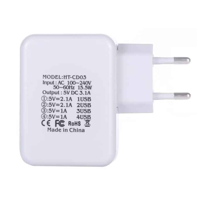 HT-CD03 15,5 W 5 V 3,1 A 4-Port-USB-Wandladegerät Reiseladegerät, EU-Stecker, HT-CD03 – Bild 4