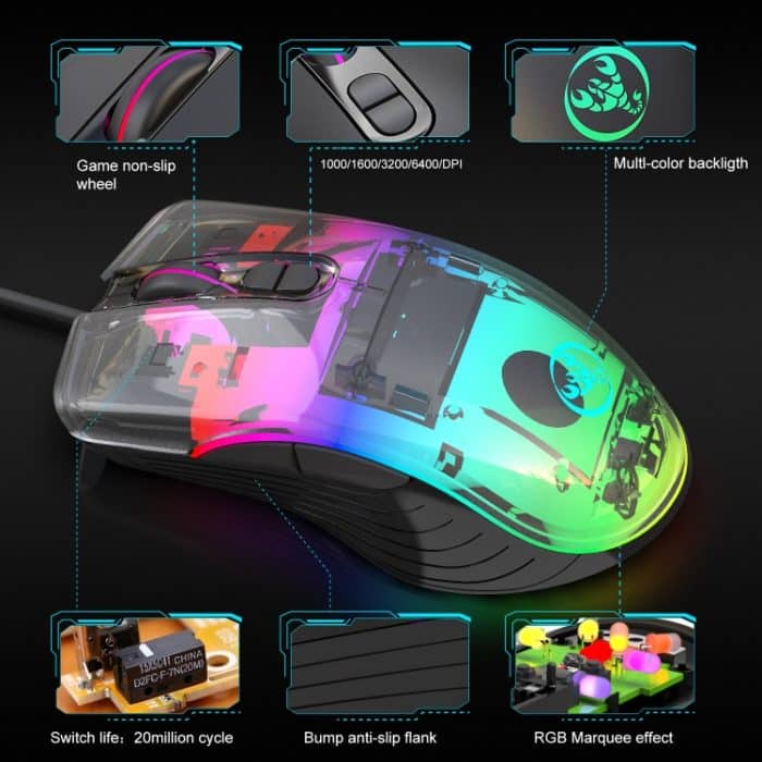 HXSJ A867 USB 6400DPI Vierfach einstellbare RGB-beleuchtete kabelgebundene E-Sport-Gaming-Maus, Länge: 1,5 m – Bild 7