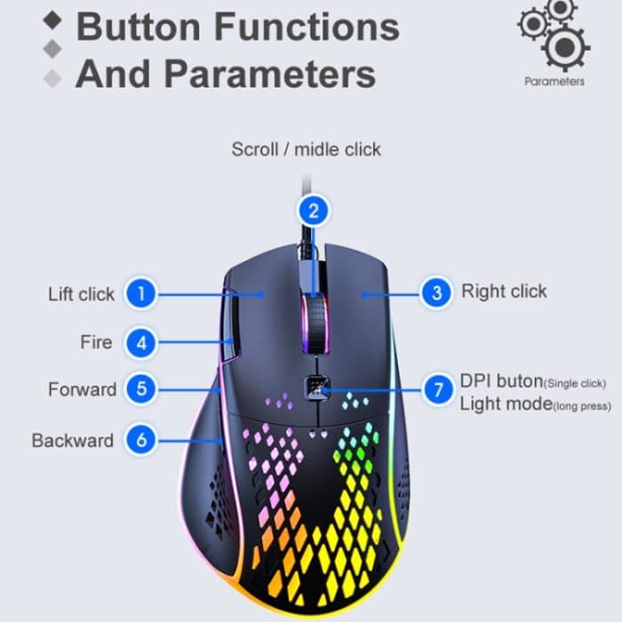 iMICE T97 Gaming-Maus, RGB-LED-Licht, USB, 7 Tasten, 7200 DPI, kabelgebundene Gaming-Maus – Bild 7