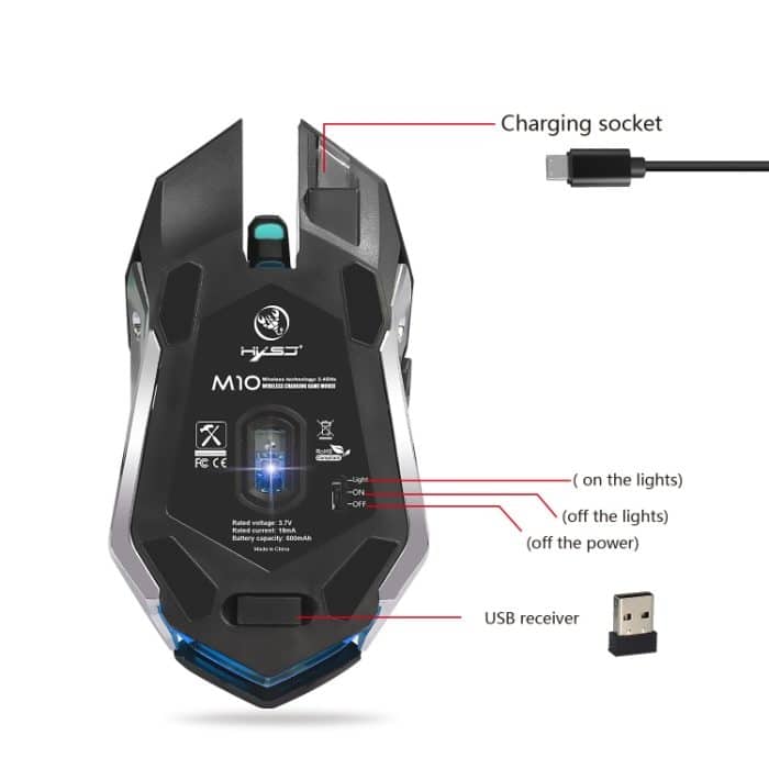 HXSJ M10 2,4 GHz 6-Tasten USB Wiederaufladbare bunte Beleuchtung Ergonomische 2400DPI drahtlose optische Gaming-Maus für Desktop-Computer – Bild 3