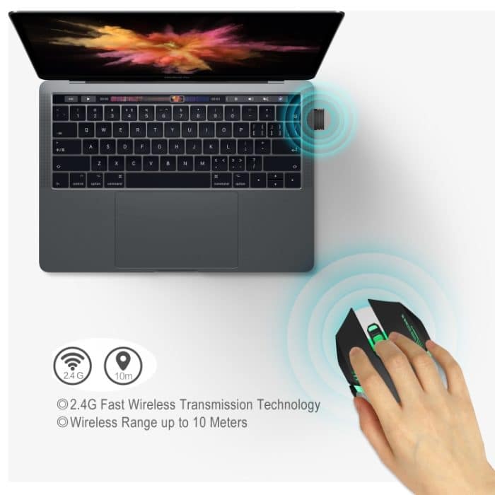 HXSJ M10 2,4 GHz 6-Tasten USB Wiederaufladbare bunte Beleuchtung Ergonomische 2400DPI drahtlose optische Gaming-Maus für Desktop-Computer – Bild 5