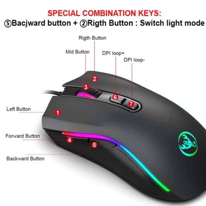 HXSJ A869 Typ C 7200 dpi 6-Modi Einstellbare 7-Tasten-RGB Light Wired Game Mouse – Bild 5