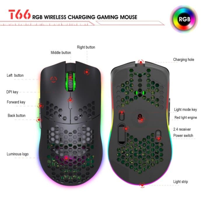 HXSJ T66 7 Tasten Bunte Beleuchtung Programmierbare kabellose Gaming-Maus, T66(White), T66(Black) – Bild 11