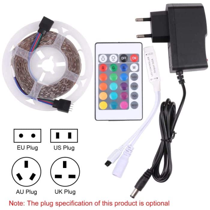 Bare Board 2835 SMD RGB LED-Lichtschlauch, 60 LED/m, Länge: 5 m, 12 V 2 A 100–240 V, mit 24-Tasten-Fernbedienung, 2835 SMD RGB LED, 5m, with 24-key Remote Control – Bild 3