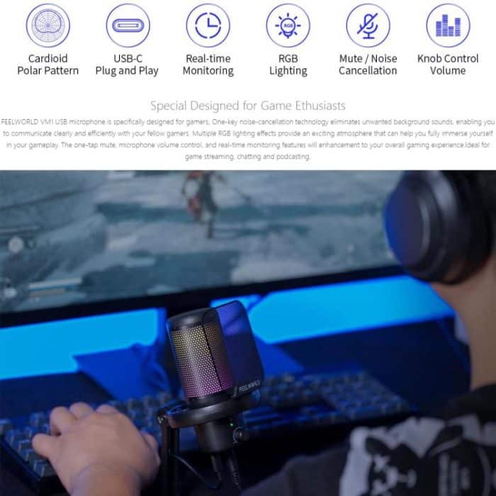 FEELWORLD VM1 USB-Kondensator-Gaming-Mikrofon für Streaming, Geräuschunterdrückung, Stummschaltung, RGB-Licht, Desktop-Ständer, VM1-XS – Bild 5