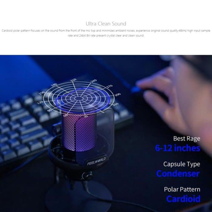 FEELWORLD VM1 USB-Kondensator-Gaming-Mikrofon für Streaming, Geräuschunterdrückung, Stummschaltung, RGB-Licht, Desktop-Ständer, VM1-XS – Bild 8
