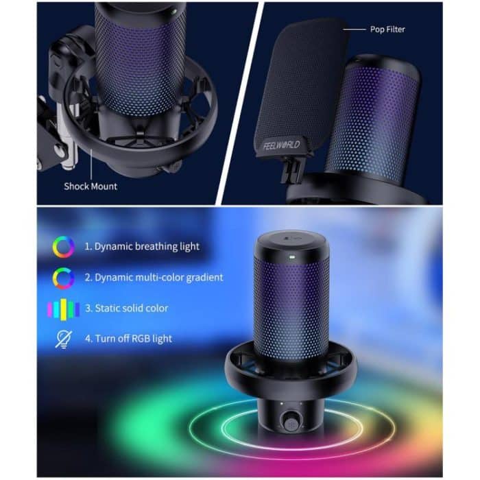 FEELWORLD VM1 USB-Kondensator-Gaming-Mikrofon für Streaming, Geräuschunterdrückung, Stummschaltung, RGB-Licht, Galgenarmständer, VM1-AS – Bild 8