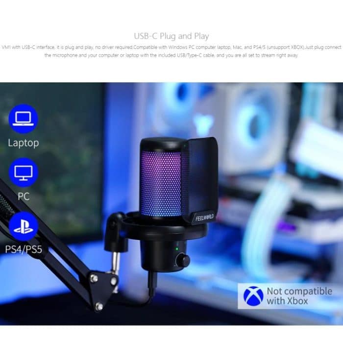 FEELWORLD VM1 USB-Kondensator-Gaming-Mikrofon für Streaming, Geräuschunterdrückung, Stummschaltung, RGB-Licht, Galgenarmständer, VM1-AS – Bild 11