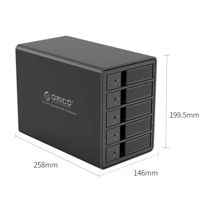 ORICO 9558U3 5-Bay USB 3.0 Typ-B Aluminium 3,5 Zoll SSD / SATA HDD-Gehäuse Speicher-Festplattenbox für Laptop-Computer-Desktop-PC, SSD / SATA (Black), SSD / SATA (Silver) – Bild 5