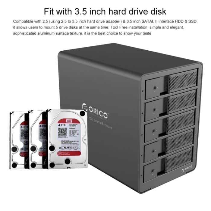 ORICO 9558RU3 5-Bay USB 3.0 Typ-B Aluminium 3,5 Zoll SATA HDD-Gehäuse Speicher-Festplattenbox, unterstützt RAID 0/5-Modus, SATA (RAID 0 / 5 Mode) Black, SATA (RAID 0 / 5 Mode) Silver – Bild 7