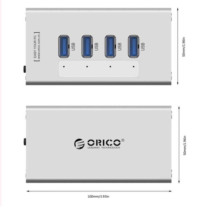 ORICO A3H4 Aluminium High Speed 4 Ports USB 3.0 HUB mit 12V/2,5A Netzteil für Laptops, 4 Ports (Silver) – Bild 7