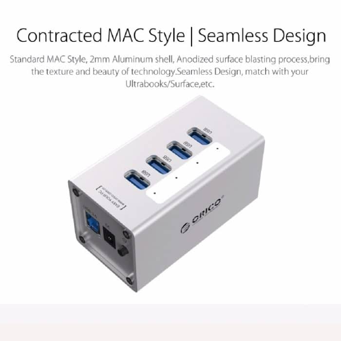 ORICO A3H4 Aluminium High Speed 4 Ports USB 3.0 HUB mit 12V/2,5A Netzteil für Laptops, 4 Ports (Silver) – Bild 8