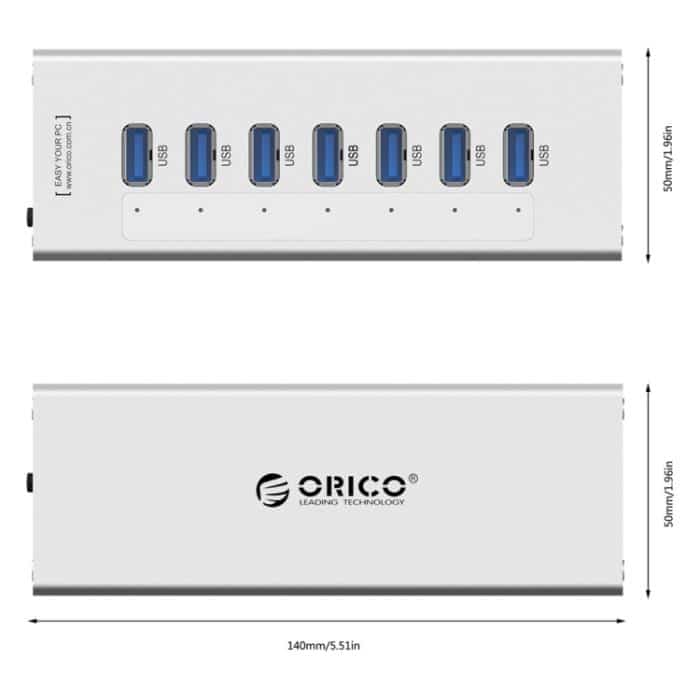 ORICO A3H7 Aluminium High Speed 7 Ports USB 3.0 HUB mit 12V/2,5A Netzteil für Laptops, 7 Ports (Silver), 7 Ports (Black) – Bild 6