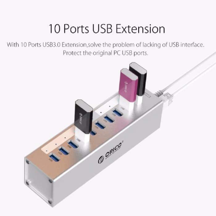 ORICO A3H10 Aluminium High Speed 10 Ports USB 3.0 HUB mit Netzteil für Laptops, 10 Ports (Silver), 10 Ports (Black) – Bild 8