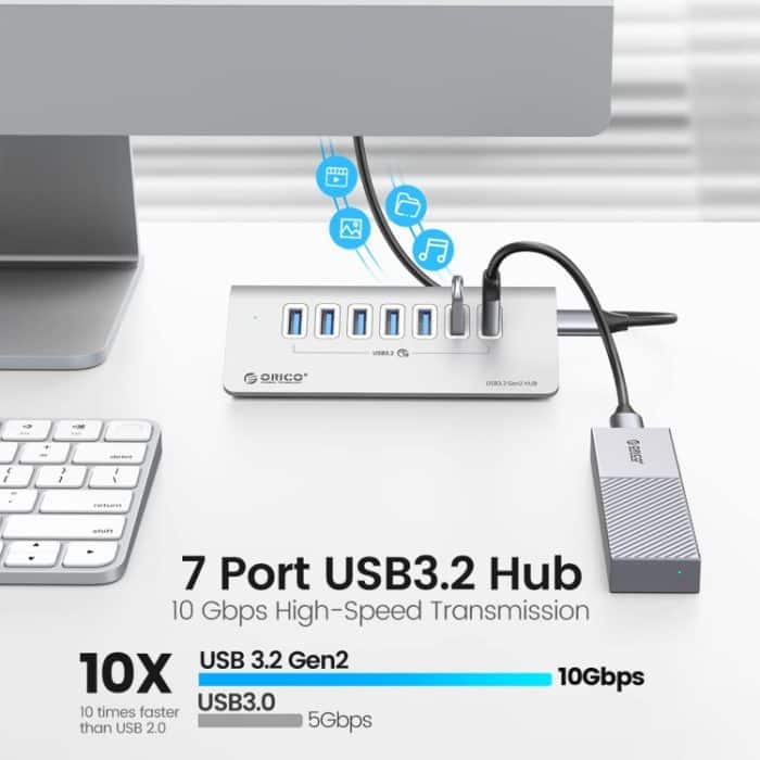 ORICO M3U7-G2 7-Port USB 3.2 Gen2 10 Gbit/s HUB aus Aluminiumlegierung mit 0,5 m Kabel, M3U7-G2 0.5m – Bild 4