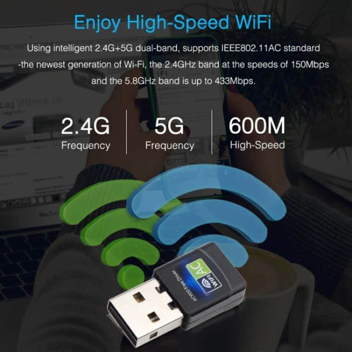 AC600Mbps 2,4 GHz & 5 GHz Dualband USB 2.0 WiFi Free Drive Adapter Externe Netzwerkkarte – Bild 10