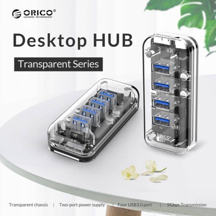 ORICO F4U 4 x USB 3.0-Anschlüsse, 5 Gbit/s, schnelle Übertragung, Desktop-HUB mit blauer LED-Anzeige, 4 Ports – Bild 3