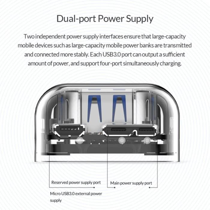ORICO F4U 4 x USB 3.0-Anschlüsse, 5 Gbit/s, schnelle Übertragung, Desktop-HUB mit blauer LED-Anzeige, 4 Ports – Bild 7