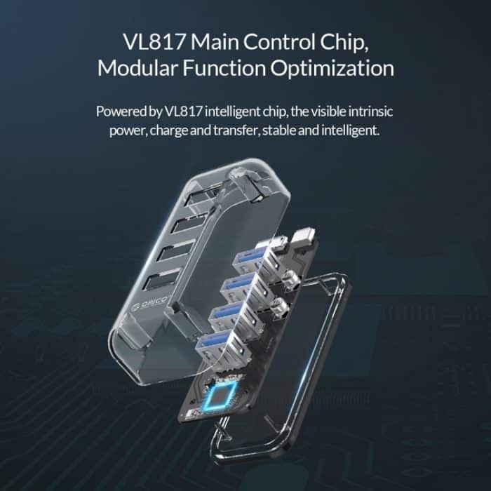 ORICO F4U 4 x USB 3.0-Anschlüsse, 5 Gbit/s, schnelle Übertragung, Desktop-HUB mit blauer LED-Anzeige, 4 Ports – Bild 8