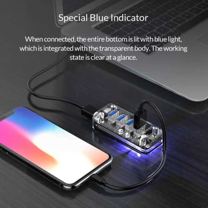ORICO F4U 4 x USB 3.0-Anschlüsse, 5 Gbit/s, schnelle Übertragung, Desktop-HUB mit blauer LED-Anzeige, 4 Ports – Bild 9
