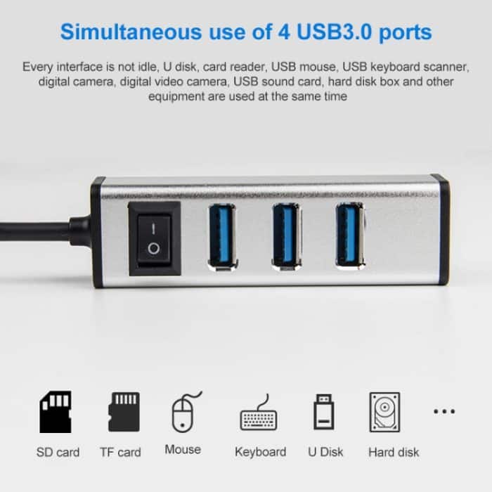 USB auf 4 USB 3.0-Anschlüsse, HUB aus Aluminiumlegierung mit Schalter, USB – Bild 3