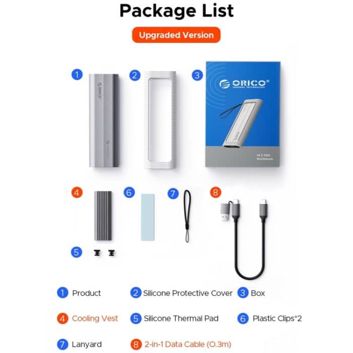 ORICO AXM2-G2-V1-GY-BP M.2 NVMe SSD-Gehäuse mit Silikon-Schutzhülle und Typ-C+USB-Hülle – Bild 12