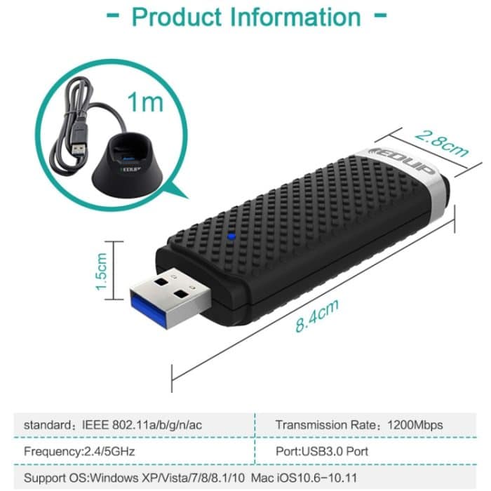EDUP EP-AC1609 1200 Mbit / s Hochgeschwindigkeits-USB 3.0 WiFi-Adapter Empfänger Ethernet-Adapter mit 1 m verlängertem Kabel und Sockel – Bild 8