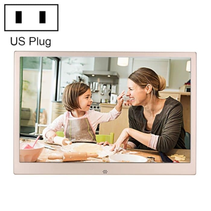 PF6513.jpg HSD1303 13,3 Zoll LED 1280x800 hochauflösend digitaler Fotorahmen mit Halter und Fernbedienung, Unterstützung von SD / MMC / MS -Karte / USB -Anschluss, US -Plug (Gold) – Bild 1