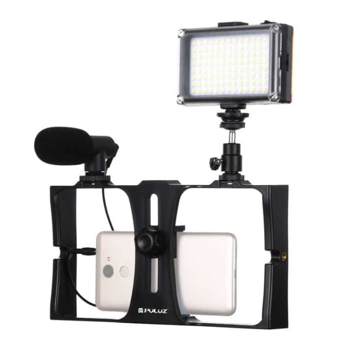 PULUZ 3-in-1-Vlogging-Live-Übertragung, LED-Selfie-Licht, Smartphone-Video-Rig-Kits mit Mikrofon + Kaltschuh-Stativkopf für iPhone, Galaxy, Huawei, Xiaomi, HTC, LG, Google und andere Smartphones, 3-in-1, 3-in-1(Red), 3-in-1(US), 3-in-1(UAE) – Bild 2