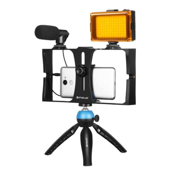 PKT3023.jpg PULUZ 4-in-1-Vlogging-Live-Übertragung, LED-Selfie-Licht, Smartphone-Video-Rig-Kits mit Mikrofon + Stativhalterung + Kaltschuh-Stativkopf für iPhone, Galaxy, Huawei, Xiaomi, HTC, LG, Google und andere Smartphones, 4-in-1(Blue), 4 in 1, 4-in-1(US)... – Bild 1