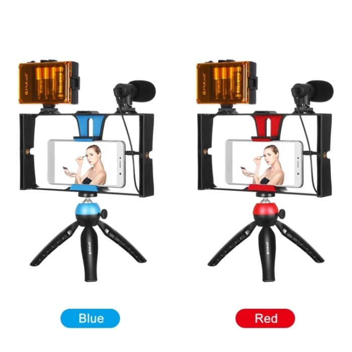 PULUZ 4-in-1-Vlogging-Live-Übertragung, LED-Selfie-Licht, Smartphone-Video-Rig-Kits mit Mikrofon + Stativhalterung + Kaltschuh-Stativkopf für iPhone, Galaxy, Huawei, Xiaomi, HTC, LG, Google und andere Smartphones, 4-in-1(Blue), 4 in 1, 4-in-1(US)... – Bild 12