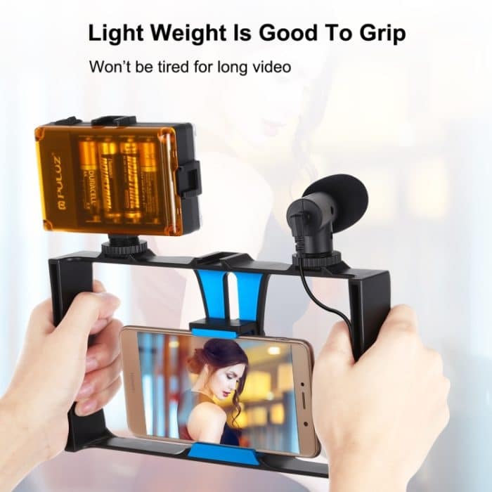 PULUZ 4-in-1-Vlogging-Live-Übertragung, LED-Selfie-Licht, Smartphone-Video-Rig-Kits mit Mikrofon + Stativhalterung + Kaltschuh-Stativkopf für iPhone, Galaxy, Huawei, Xiaomi, HTC, LG, Google und andere Smartphones, 4-in-1(Blue), 4 in 1, 4-in-1(US)... – Bild 5
