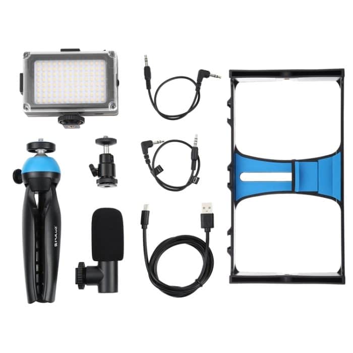 PULUZ 4-in-1-Vlogging-Live-Übertragung, LED-Selfie-Licht, Smartphone-Video-Rig-Kits mit Mikrofon + Stativhalterung + Kaltschuh-Stativkopf für iPhone, Galaxy, Huawei, Xiaomi, HTC, LG, Google und andere Smartphones, 4-in-1(Blue), 4 in 1, 4-in-1(US)... – Bild 9