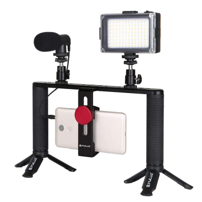 PULUZ 4 in 1 Vlogging Live-Übertragung LED Selfie Light Smartphone Video Rig Griff Stabilisator Aluminium Halterung Kits mit Mikrofon + Stativhalterung + Kaltschuh Stativkopf – Bild 1