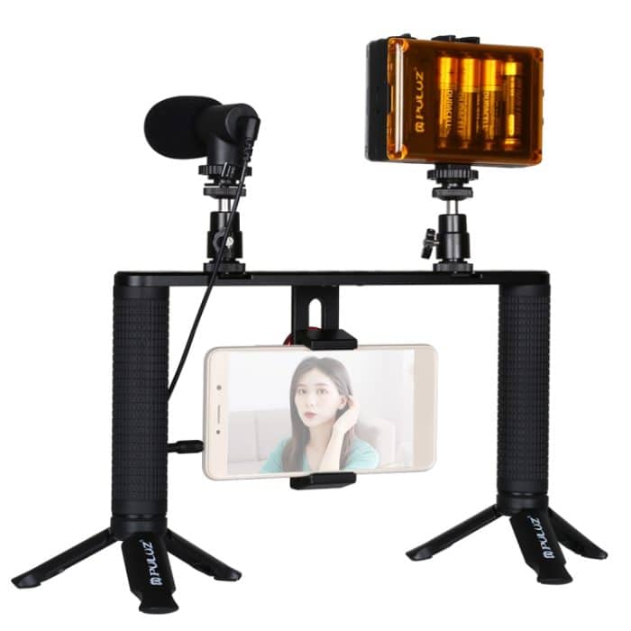 PULUZ 4 in 1 Vlogging Live-Übertragung LED Selfie Light Smartphone Video Rig Griff Stabilisator Aluminium Halterung Kits mit Mikrofon + Stativhalterung + Kaltschuh Stativkopf – Bild 2