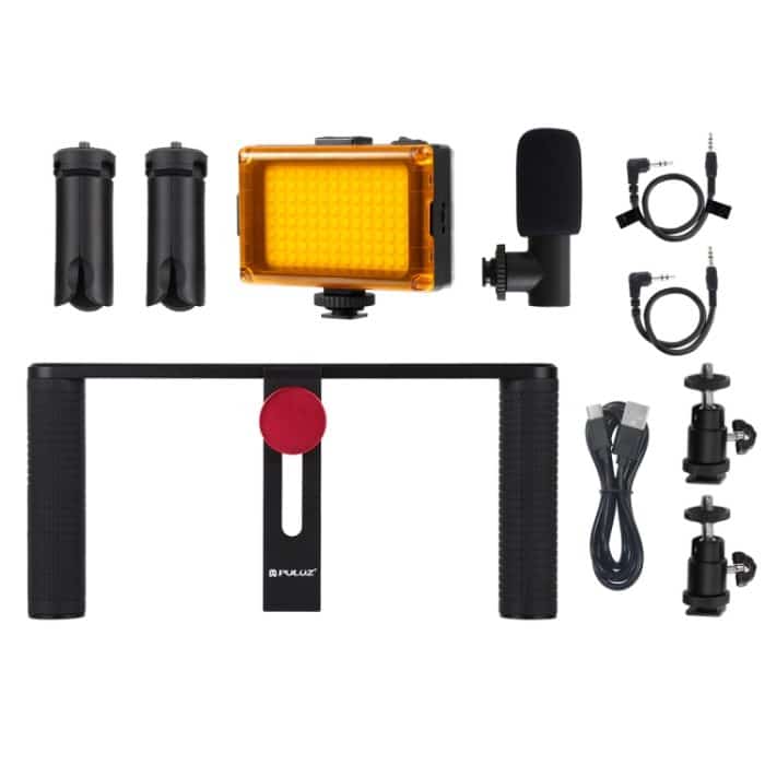 PULUZ 4 in 1 Vlogging Live-Übertragung LED Selfie Light Smartphone Video Rig Griff Stabilisator Aluminium Halterung Kits mit Mikrofon + Stativhalterung + Kaltschuh Stativkopf – Bild 9