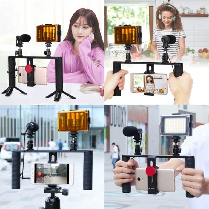PULUZ 4 in 1 Vlogging Live-Übertragung LED Selfie Light Smartphone Video Rig Griff Stabilisator Aluminium Halterung Kits mit Mikrofon + Stativhalterung + Kaltschuh Stativkopf – Bild 10