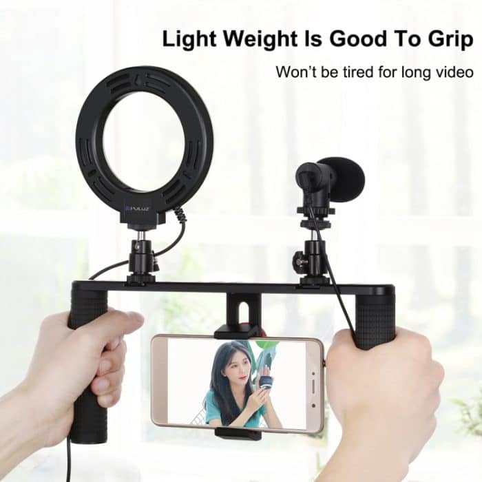 Puluz 4 in 1 vlogging live send 4,6 cm 12 cm ring led selfie licht smartphone video rig griff stabilizer aluminiumhalter kits mit mikrofon + stativ montage + kaltschuh stativ stativ – Bild 5