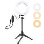 PULUZ 6,2 Zoll 16 cm USB 3 Modi Dimmbarer LED-Ring Vlogging Fotografie Videolichter + Desktop-Stativhalter mit Kaltschuh-Stativkugelkopf