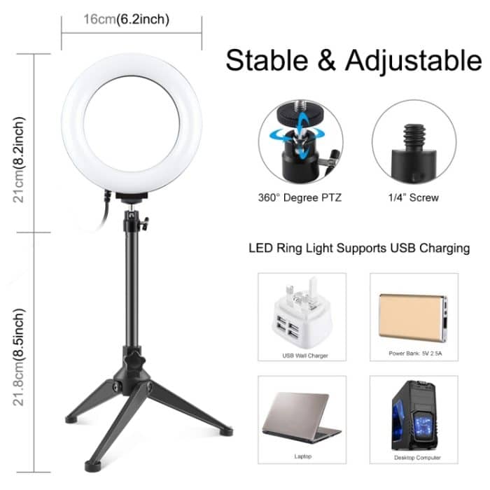 PULUZ 6,2 Zoll 16 cm USB 3 Modi Dimmbarer LED-Ring Vlogging Fotografie Videolichter + Desktop-Stativhalter mit Kaltschuh-Stativkugelkopf – Bild 3