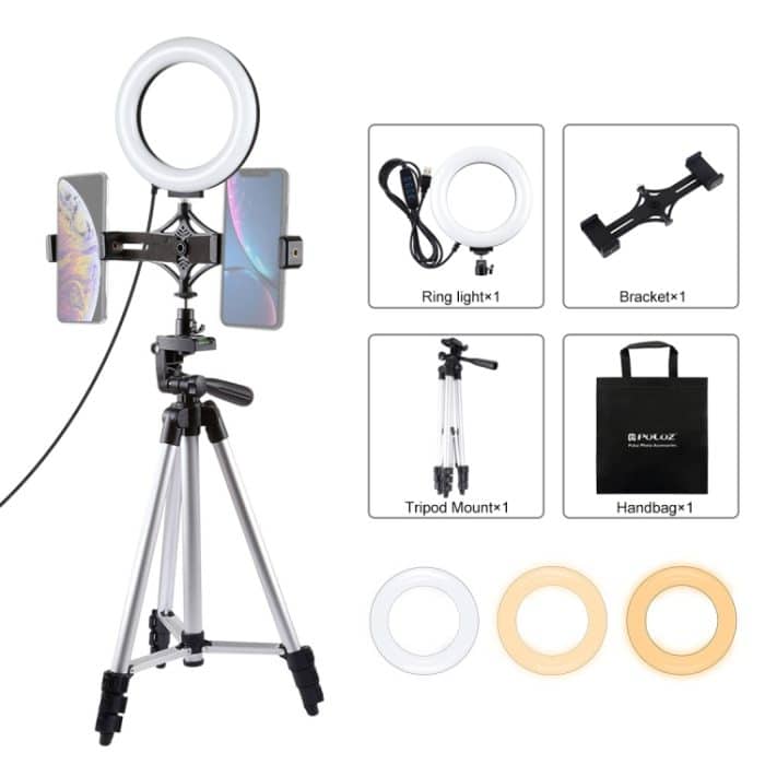 PKT3034.jpg PULUZ Stativhalterung + Dual Broadcast Dual Phone Halterung + 6,2 Zoll 16 cm LED Ring Vlogging Video Light Kits – Bild 1