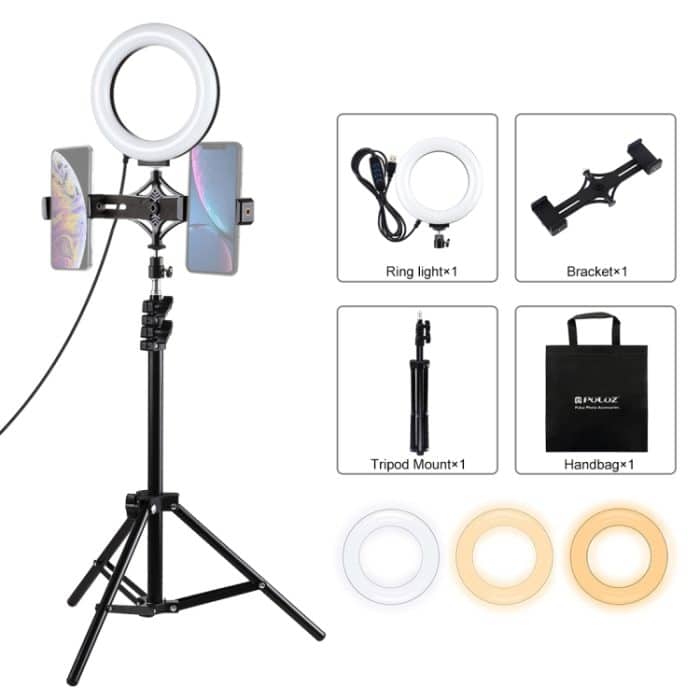 PULUZ 1.1m Stativhalterung + Live Broadcast Dual Phone Halterung + 6,2 Zoll 16cm LED Ring Vlogging Video Light Kits – Bild 1