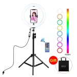 PULUZ 1.1m Stativhalterung + 10,2 Zoll 26cm RGBW LED Ring Vlogging Videolicht Live Broadcast Kits mit Fernbedienung und Kaltschuh Stativ Kugelkopf & Telefonklemme (schwarz)