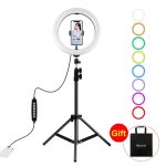 PULUZ 1.1m Stativhalterung + 10,2 Zoll 26cm RGBW LED Ring Vlogging Videolicht Live Broadcast Kits mit Kaltschuh Stativ Kugelkopf & Telefonklemme