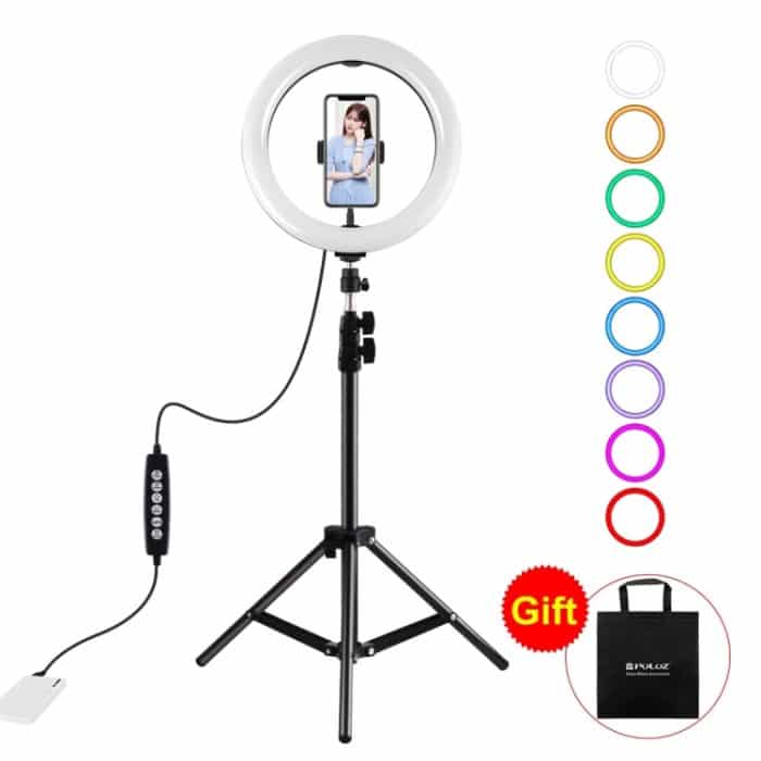 PKT3044.jpg PULUZ 1.1m Stativhalterung + 10,2 Zoll 26cm RGBW LED Ring Vlogging Videolicht Live Broadcast Kits mit Kaltschuh Stativ Kugelkopf & Telefonklemme – Bild 1