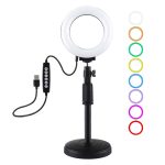 PULUZ 4,7 Zoll 12 cm Ringlicht mit gebogener Oberfläche + runder Sockel, Tischmontage, USB, 10 Modi, 8 Farben, RGBW, dimmbarer LED-Ring, Selfie, Beauty, Vlogging, Fotografie, Videolichter mit Kaltschuh-Stativ-Kugelkopf, 4.7 inch RGBW+Desktop Mount