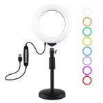 PULUZ 6,2 Zoll 16 cm USB 10 Modi 8 Farben RGBW Dimmbare LED-Ring-Vlogging-Fotografie-Videoleuchten + Desktop-Halterung mit rundem Sockel und Kaltschuh-Stativ-Kugelkopf, 6.2 inch RGBW+Desktop Mount
