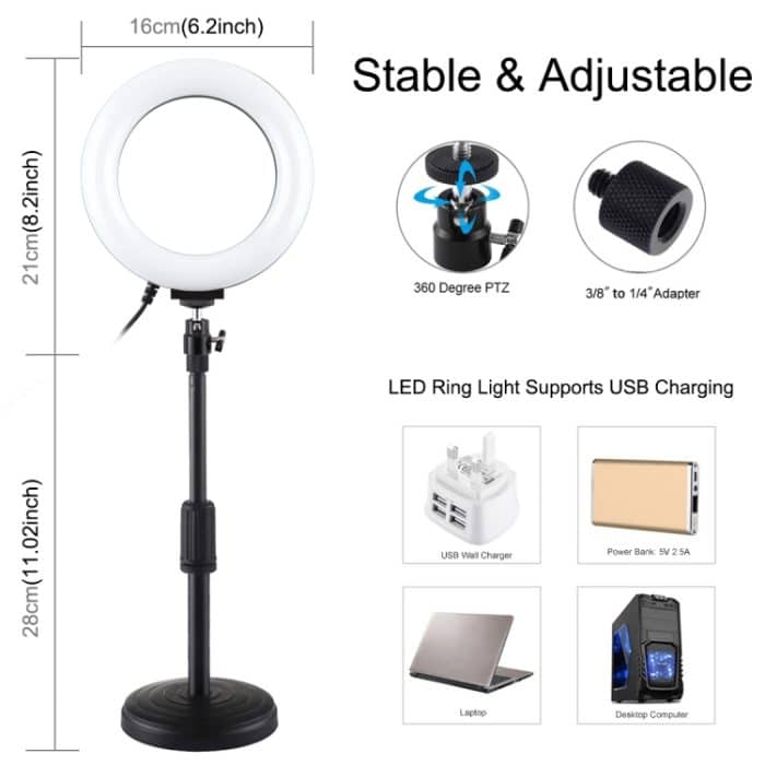 PULUZ 6,2 Zoll 16 cm USB 10 Modi 8 Farben RGBW Dimmbare LED-Ring-Vlogging-Fotografie-Videoleuchten + Desktop-Halterung mit rundem Sockel und Kaltschuh-Stativ-Kugelkopf, 6.2 inch RGBW+Desktop Mount – Bild 3