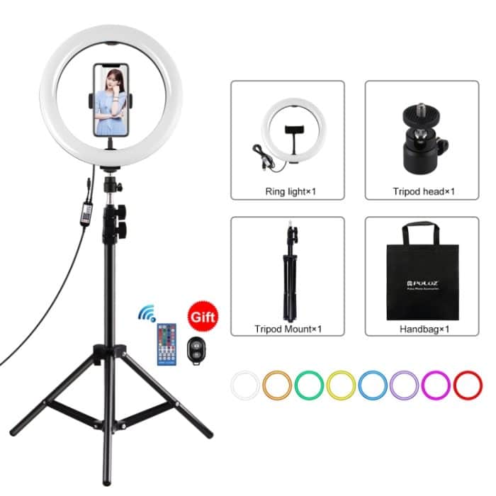 PKT3051B.jpg PULUZ 1,1 m Stativhalterung + 10,2 Zoll 26 cm gebogene Oberfläche RGBW-LED-Ring-Vlogging-Videoleuchte Live-Broadcast-Kits mit Fernbedienung und Telefonklemme – Bild 1